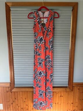 Tommy Bahama Coral Maxi Dress with Navy and White details. NWT